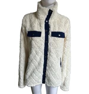 Marmot Jacket Womens Large Ivory Sherpa High Pile Fleece Snap Front Navy